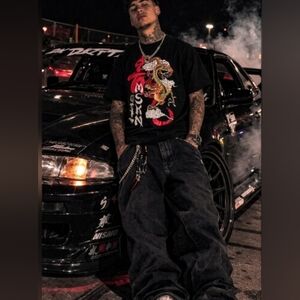 Miskeen Men's Black Tee with Red and Green Dragon Graphic